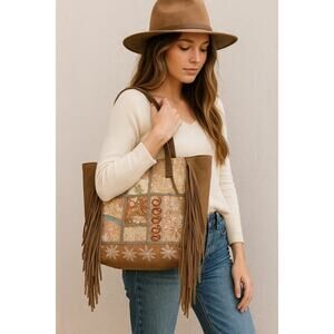 Shyanne NWT Suede Leather Fringe Patchwork Boho Western Tote Bag